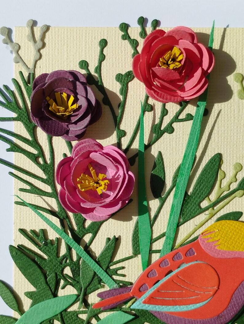 3D Papierschnittbild Blumen Vogel Wanddeko Schattenbox Handgefertigt 17,3 cm Holzrahmen Reliefkunst