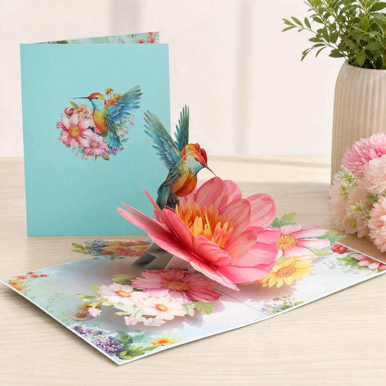 3D Blumen Pop-Up Karte mit Kolibri – Grußkarte mit Umschlag