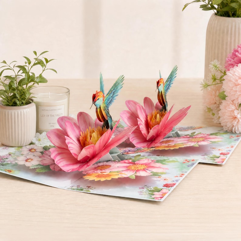 3D Blumen Pop-Up Karte mit Kolibri – Grußkarte mit Umschlag