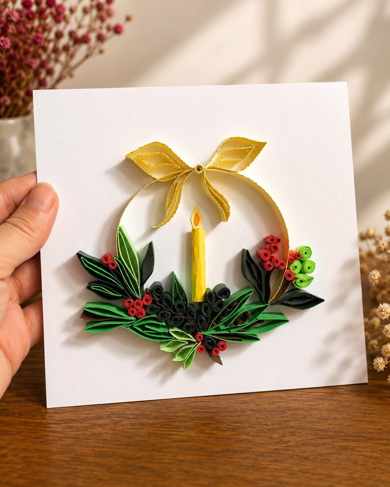 Quilling Kerzenkranz Wanddekoration | Handgemachter Papierkunst im Schattenrahmen