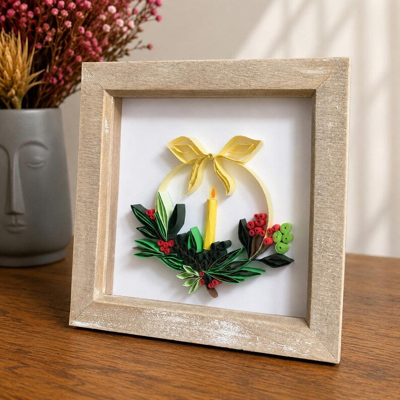 Quilling Kerzenkranz Wanddekoration | Handgemachter Papierkunst im Schattenrahmen