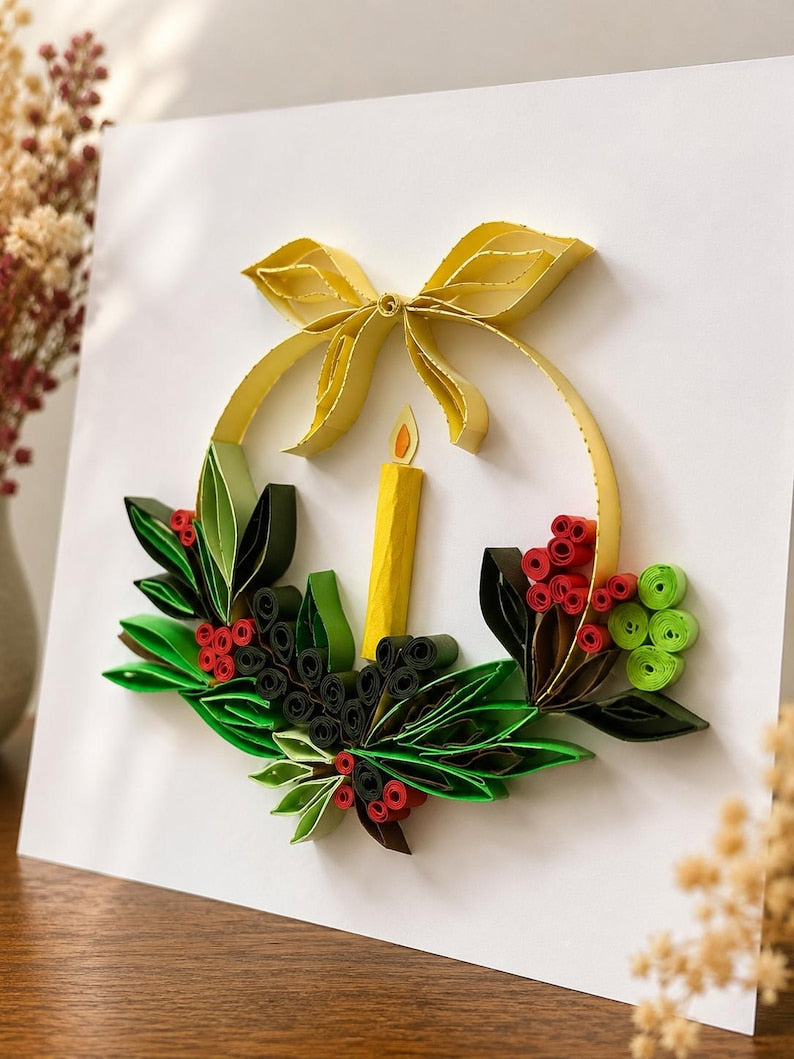 Quilling Kerzenkranz Wanddekoration | Handgemachter Papierkunst im Schattenrahmen