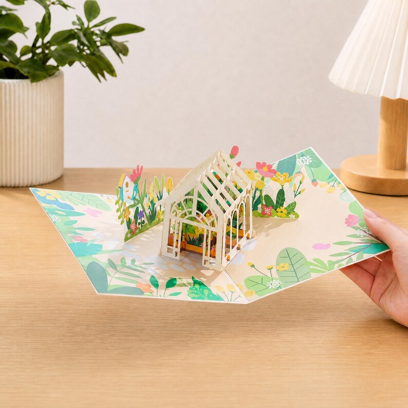 3D Pop-Up Gewächshaus Grußkarte mit Umschlag, botanische Geburtstagskarte für Gartenliebhaber