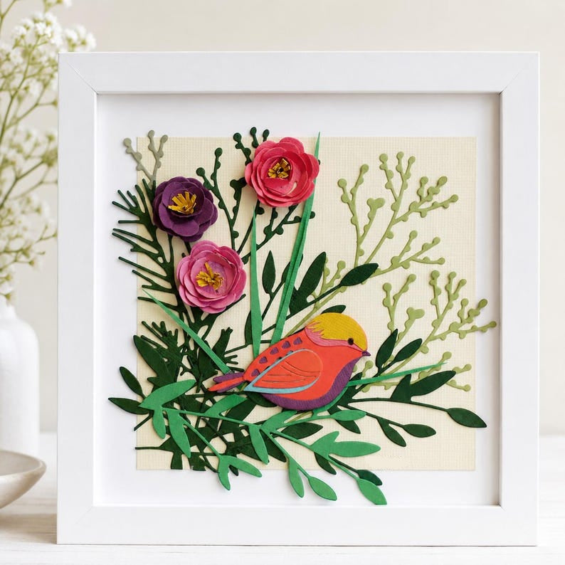 3D Papierschnittbild Blumen Vogel Wanddeko Schattenbox Handgefertigt 17,3 cm Holzrahmen Reliefkunst
