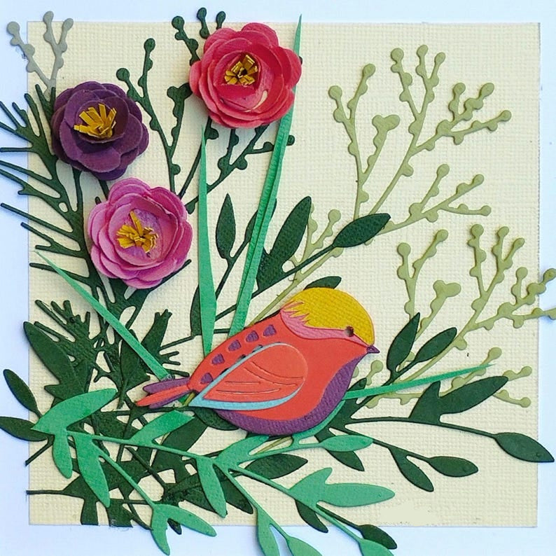 3D Papierschnittbild Blumen Vogel Wanddeko Schattenbox Handgefertigt 17,3 cm Holzrahmen Reliefkunst