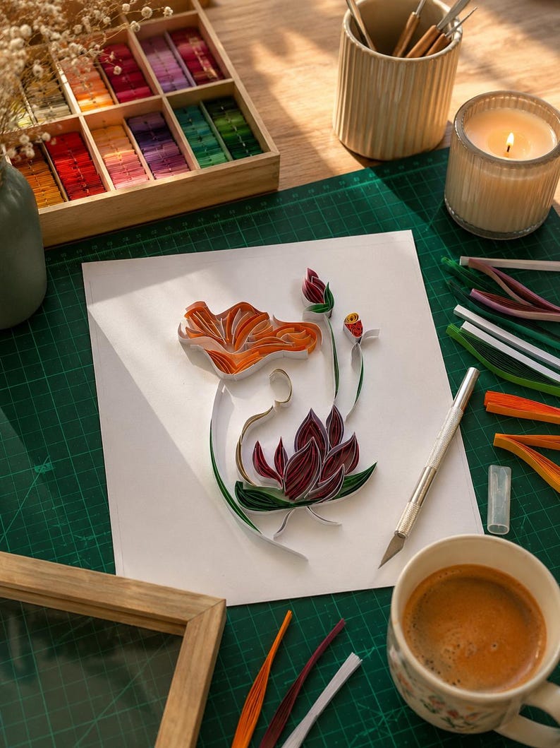 Wandbild Frau Papierquilling Blumensilhouette 3D Schattenboxrahmen 23x23 cm Moderne Wohndekoration