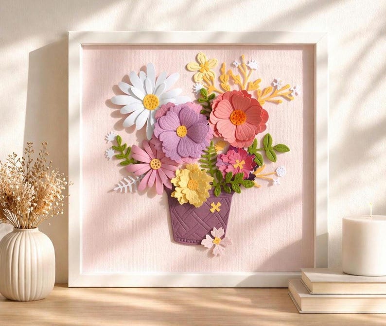 3D-Blumenbild aus Papier, Reliefrahmen mit Pastellblumen, Papierskulptur, florales Wandbild, 18x18 cm