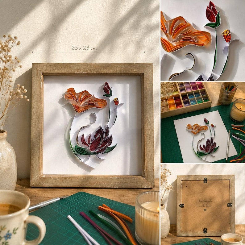 Wandbild Frau Papierquilling Blumensilhouette 3D Schattenboxrahmen 23x23 cm Moderne Wohndekoration