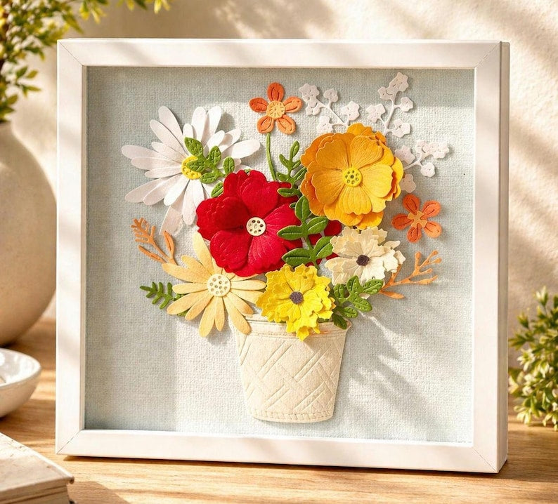 3D-Blumenbild aus Papier, farbenfroher Blumenrahmen, Papierskulptur, florales Wandbild, 18x18 cm