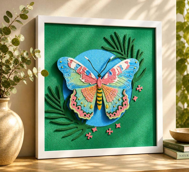 3D Schmetterlingsbild aus Papier, Reliefskulptur, Wandkunst, 18x18 cm, Insekten-Deko, Rahmen inklusive